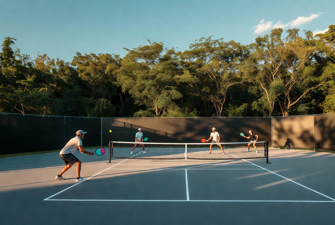 People playing pickleball at golden hour